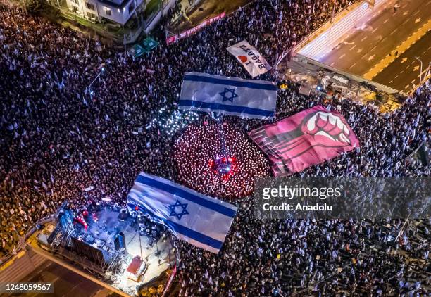An aerial view of streets where Israelis take part in the "Day of Resistance" rally to protest the Israeli government plan to introduce judicial...