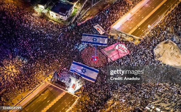 An aerial view of streets where Israelis take part in the "Day of Resistance" rally to protest the Israeli government plan to introduce judicial...