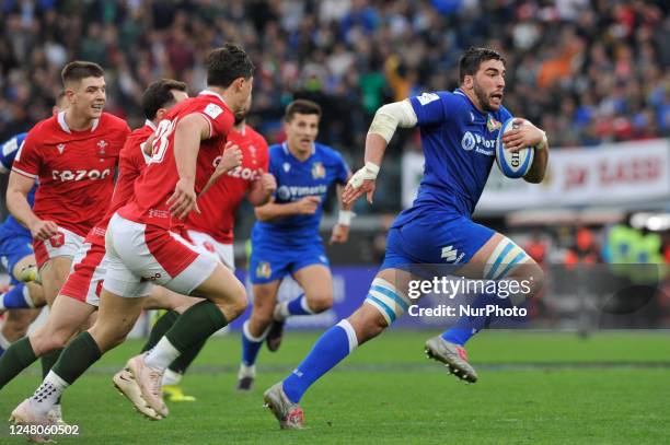 Edoardo Iachizzi in action during the 2023 Guinness Six Nations Rugby Championship match between Italy and Wales at the Olimpic Stadium in Rome,...