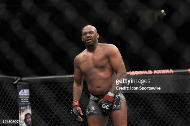 Jon Jones prepares to fight Ciryl Gane in their Heavyweight fight during the UFC 285 event at T-Mobile Arena on March 4, 2023 in Las Vegas, NV, USA.