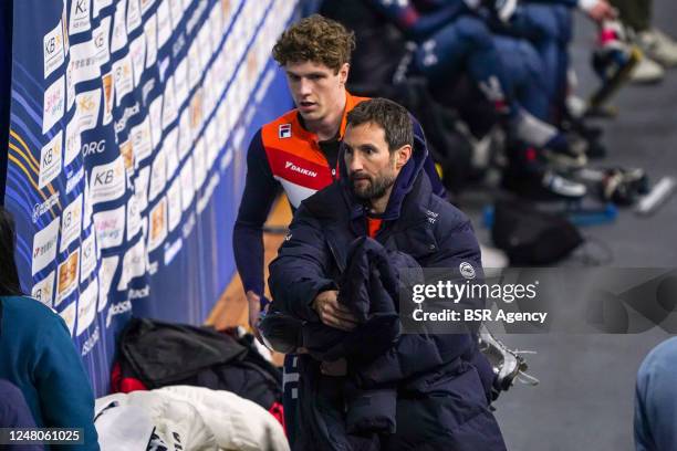 Teun Boer of the Netherlands and coach Niels Kerstholt of the Netherlands after competing on the Mixed Relay during the ISU World Short Track Speed...