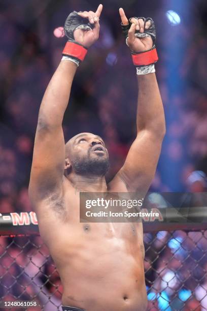 Jon Jones celebrates his victory over Ciryl Gane in their Heavyweight fight during the UFC 285 event at T-Mobile Arena on March 4, 2023 in Las Vegas,...