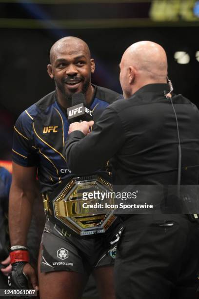 Jon Jones celebrates his victory over Ciryl Gane in their Heavyweight fight during the UFC 285 event at T-Mobile Arena on March 4, 2023 in Las Vegas,...