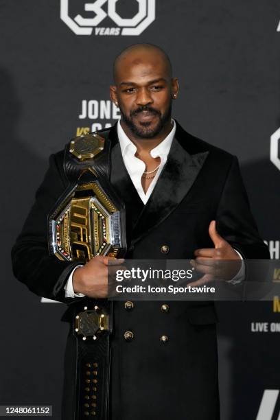 March 5: Jon Jones meets with the media following his win over Cyril Gane at T-Mobile Arena for UFC 285 -Jones vs Gane : Event on March 5, 2023 in...