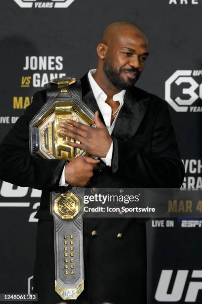 March 5: Jon Jones meets with the media following his win over Cyril Gane at T-Mobile Arena for UFC 285 -Jones vs Gane : Event on March 5, 2023 in...