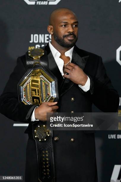 March 5: Jon Jones meets with the media following his win over Cyril Gane at T-Mobile Arena for UFC 285 -Jones vs Gane : Event on March 5, 2023 in...
