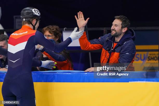 Teun Boer of the Netherlands and coach Niels Kerstholt of the Netherlands reacts after competing on the Mixed Relay during the ISU World Short Track...