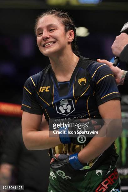 Alexa Grasso celebrates her victory over Valentina Shevchenko in their Women's Flyweight fight during the UFC 285 event at T-Mobile Arena on March 4,...