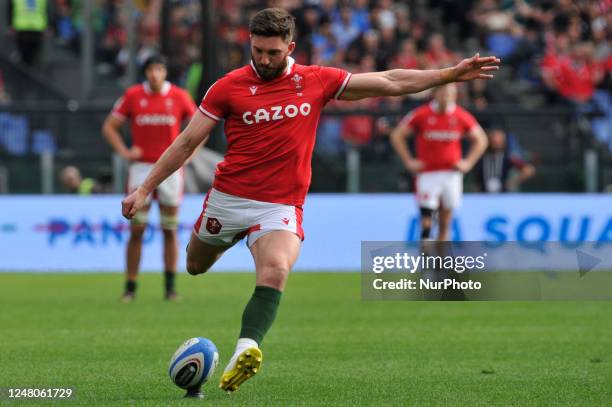 Owen Williams kicks a free kick during the 2023 Guinness Six Nations Rugby Championship match between Italy and Wales at the Olimpic Stadium in Rome,...