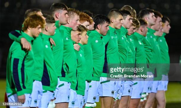 Scotland , United Kingdom - 10 March 2023; The Ireland team line up for the national anthems before the U20 Six Nations Rugby Championship match...