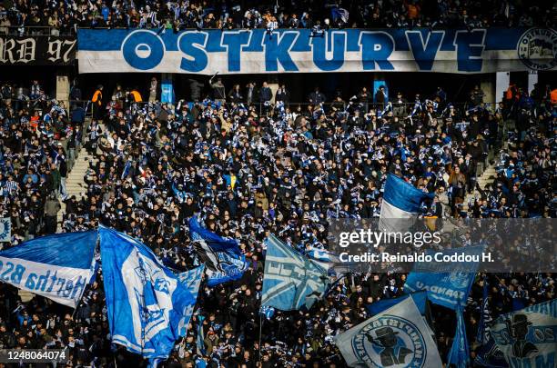 Fans of Hertha BSC showing their support during the Bundesliga match between Hertha BSC and 1. FSV Mainz 05 at Olympiastadion on March 11, 2023 in...