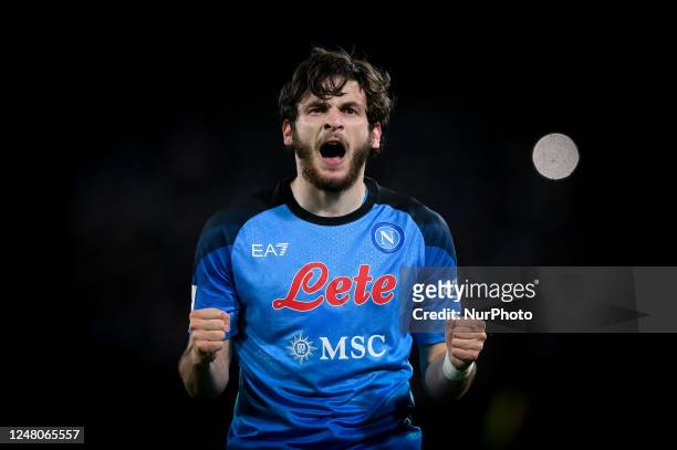 Khvicha Kvaratskhelia of SSC Napoli celebrates after scoring first goal during the Serie A match between SSC Napoli and Atalanta BC at Stadio Diego...