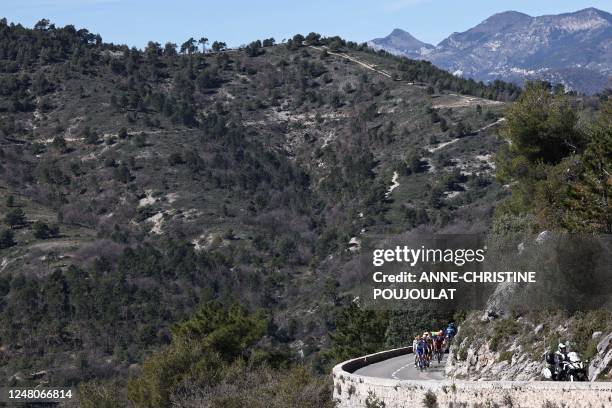 Breakaway of riders cycles during the 8th and final stage of the 81st Paris - Nice cycling race 5 km between Nice and Nice, south-eastern France, on...