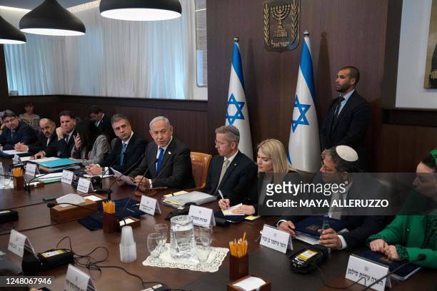 Israels Prime Minister Benjamin Netanyahu chairs the weekly cabinet meeting in Jerusalem, on March 12, 2023.