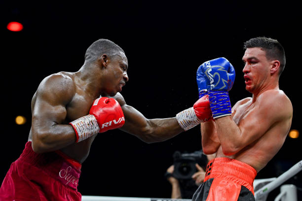 Dan AZEEZ Thomas FAURE during the EBU Light Heavyweight contest between Dan Azeez and Thomas FAURE at Zenith de Paris on March 11, 2023 in Paris,...
