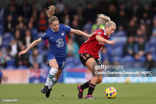 Alessia Russo of Manchester United competes with Melanie Leupolz of Chelsea during the FA Women's Super League match between Chelsea and Manchester...