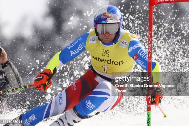 Alexis Pinturault of Team France takes 3rd place during the Audi FIS Alpine Ski World Cup Men's Giant Slalom on March 12, 2023 in Kranjska Gora,...