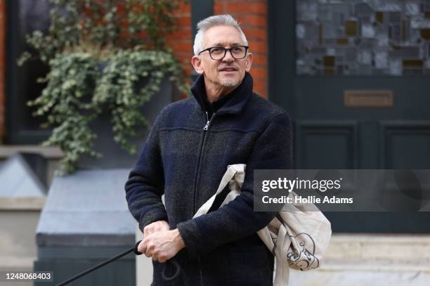 Gary Lineker leaves his home with his dog on March 12, 2023 in London, England. Match of the Day anchor Gary Lineker was asked by the BBC to step...