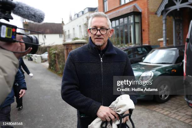 Gary Lineker leaves his home with his dog on March 12, 2023 in London, England. Match of the Day anchor Gary Lineker was asked by the BBC to step...