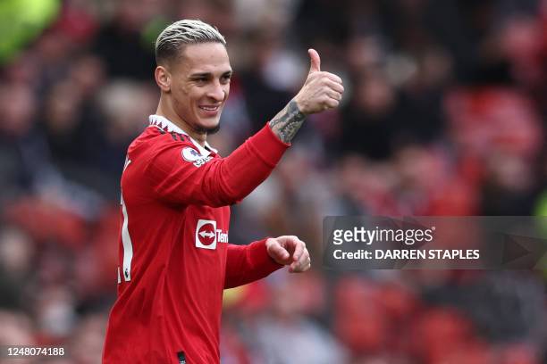 Manchester United's Brazilian midfielder Antony gestures during the English Premier League football match between Manchester United and Southampton...