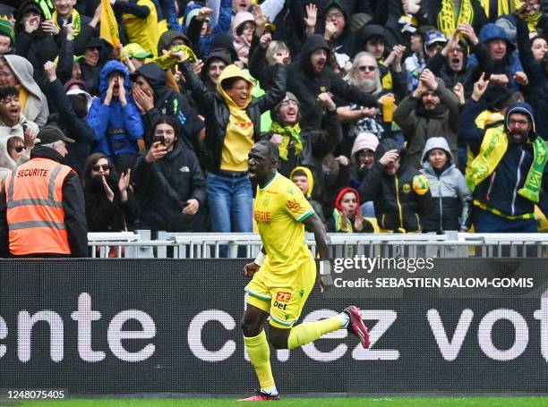 Nantes' French midfielder Moussa Sissoko celebrates after he scored a first goal for his team during the French L1 football match between FC Nantes...