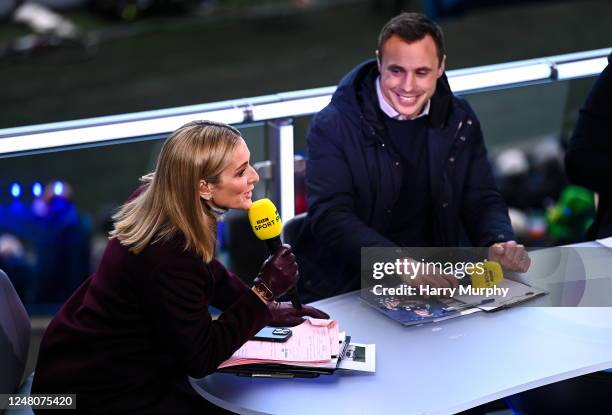 Scotland , United Kingdom - 12 March 2023; BBC Sport presenter Gabby Logan in conversation with Former Ireland international and BBC Sport pundit...