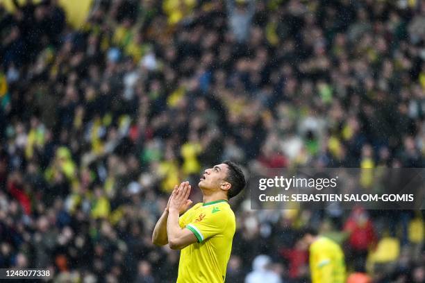 Nantes' Egyptian forward Mostafa Mohamed celebrates after he scored a second goal of his team during the French L1 football match between FC Nantes...