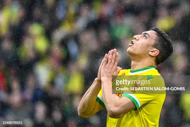 Nantes' Egyptian forward Mostafa Mohamed celebrates after he scored a second goal of his team during the French L1 football match between FC Nantes...
