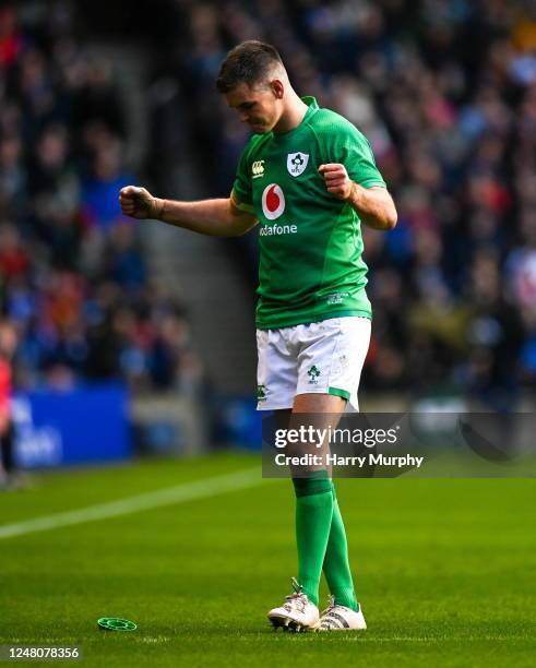 Scotland , United Kingdom - 12 March 2023; Jonathan Sexton of Ireland celebrates after kicking a conversion to equal the Six Nations points scoring...