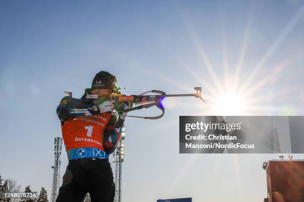 Sturla Holm Laegreid of Norway competes during the Men 15 km Mass Start at the BMW IBU World Cup Biathlon Oestersund on March 12, 2023 in Ostersund,...