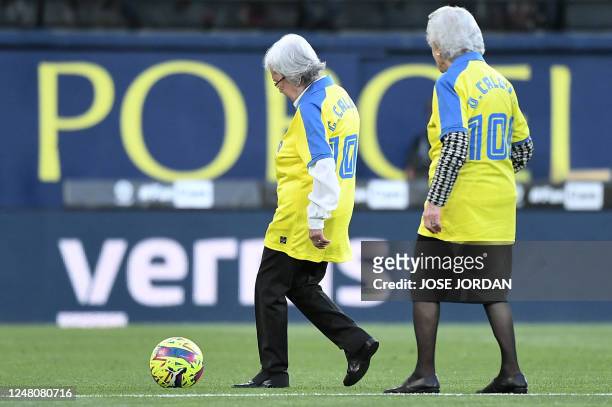Daughters of Villarreal CF founder, Gloria and Delfina Calduch, leave after a tribute marking the club's 100th anniversary, prior the Spanish league...