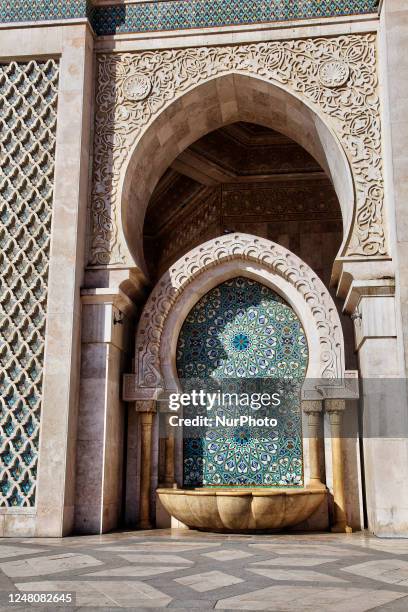 Courtyard of the Hassan II Mosque in the city of Casablanca, Morocco, Africa. Hassan II Mosque is the largest mosque in Morocco and the 7th largest...