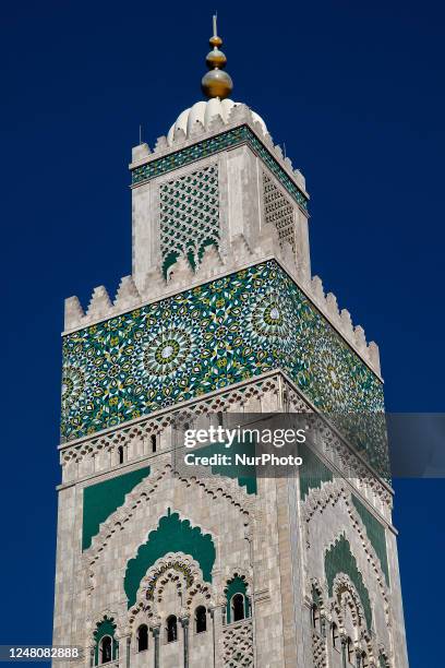 Minaret of the Hassan II Mosque in the city of Casablanca, Morocco, Africa. Hassan II Mosque is the largest mosque in Morocco and the 7th largest in...
