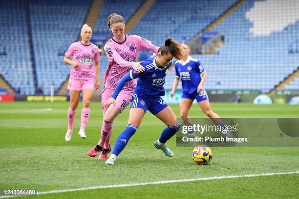 Hannah Cain of Leicester City Women with Nicoline Sorensen of Everton Women during the Leicester City v Everton FC - Barclays Women's Super League...