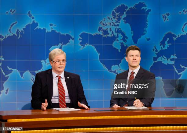 Jenna Ortega, The 1975 Episode 1841 -- Pictured: Molly Kearney as Lt. Gov. Randy McNally and anchor Colin Jost during Weekend Update on Saturday,...