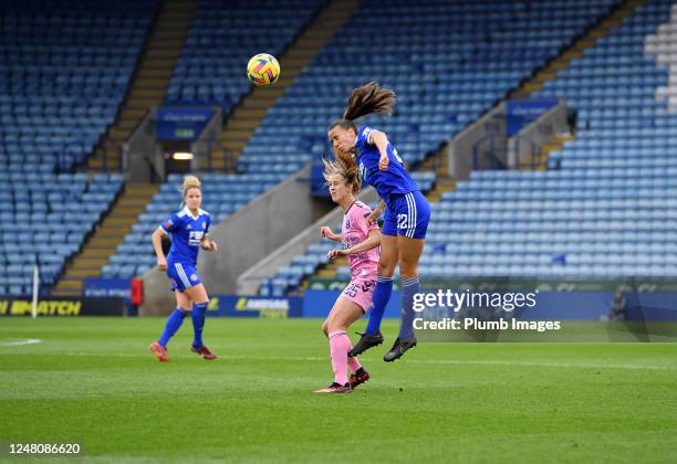 Ashleigh Plumptre of Leicester City Women with Katja Snoeijs of Everton Women during the Leicester City v Everton FC - Barclays Women's Super League...