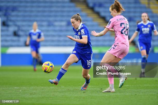 Carrie Jones of Leicester City Women with Karen Holmgaard of Everton Women during the Leicester City v Everton FC - Barclays Women's Super League...