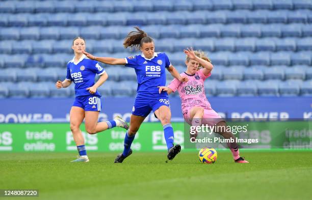 Ashleigh Plumptre of Leicester City Women with Katja Snoeijs of Everton Women during the Leicester City v Everton FC - Barclays Women's Super League...