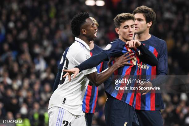 Real Madrid CF Player Vinicius Jr fights with FC Barcelona Gavi during the Copa Del Rey match between FC Barcelona and Real Madrid CF on March 2 at...