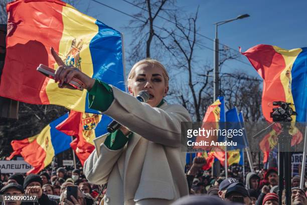 Marina Tauber, vice-president of the Sor Party speaks to crowd as thousands of people gather for anti-government protests in Moldova's capital...