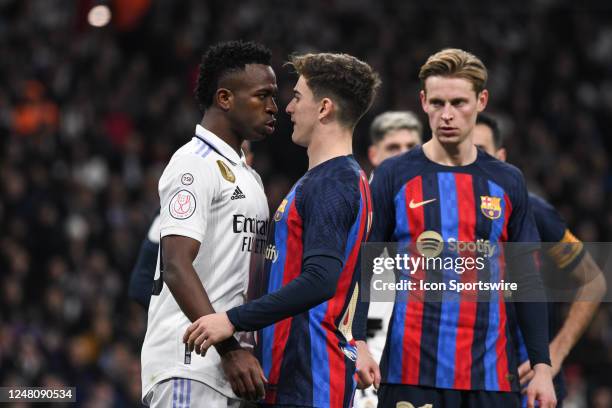 Real Madrid CF Player Vinicius Jr faces off FC Barcelona Gavi during the Copa Del Rey match between FC Barcelona and Real Madrid CF on March 2 at...