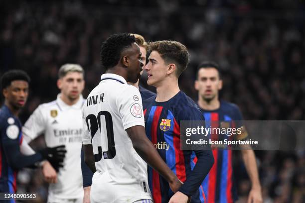 Real Madrid CF Player Vinicius Jr faces off FC Barcelona Gavi during the Copa Del Rey match between FC Barcelona and Real Madrid CF on March 2 at...