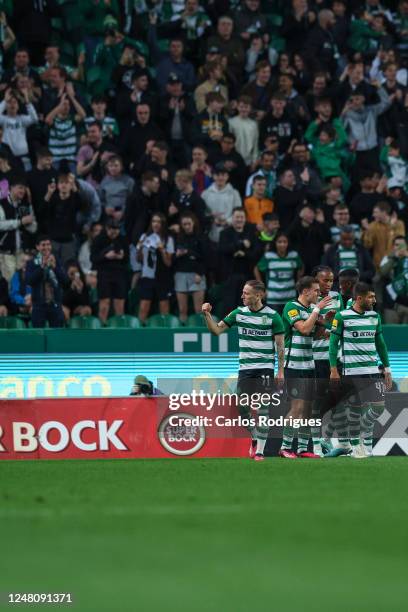 Nuno Santos of Sporting CP celebrates scoring Sporting CP goal during the Liga Portugal Bwin match between Sporting CP and Boavista FC at Estadio...