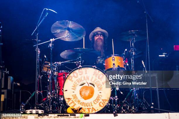 Drummer Brit Turner of the band Blackberry Smoke performs live on stage during a concert at Huxleys Neue Welt on March 12, 2023 in Berlin, Germany.