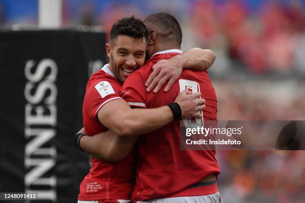 Taulupe Faletau of Wales celebrates with Rhys Webb of Wales after the try during the Six Nations rugby match between Italy and Wales. Wales won 29 -...