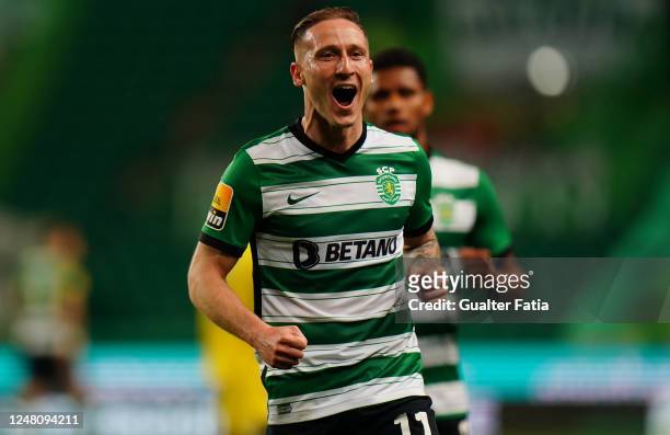 Nuno Santos of Sporting CP celebrates after scoring a goal during the Liga Bwin match between Sporting CP and Boavista FC at Estadio Jose Alvalade on...