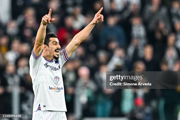 Koray Gunter of Sampdoria reacts during the Serie A match between Juventus and UC Sampdoria at Allianz Stadium on March 12, 2023 in Turin, Italy.