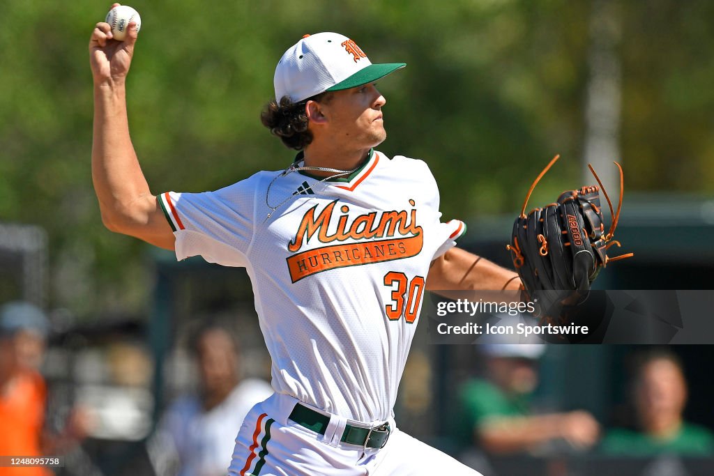 Miami right-handed pitcher Gunther Braendel pitches in relief in