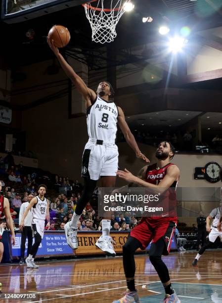 March 12: Brandon Randolph of the Austin Spurs drives to the basket against the Sioux Falls Skyforce at the Sanford Pentagon on March 12, 2023 in...
