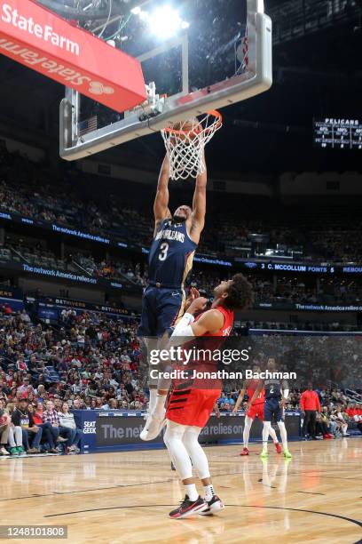 McCollum of the New Orleans Pelicans drives to the basket during the game against the Portland Trail Blazers on March 12, 2023 at the Smoothie King...